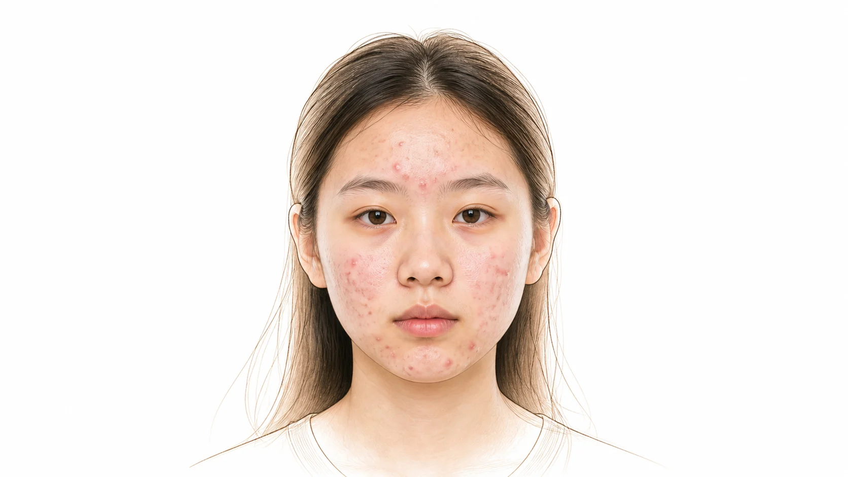 이마와 볼, 턱선에 붉은 염증성 여드름과 농포가 올라온 10대 후반 여성 — 활동성 여드름