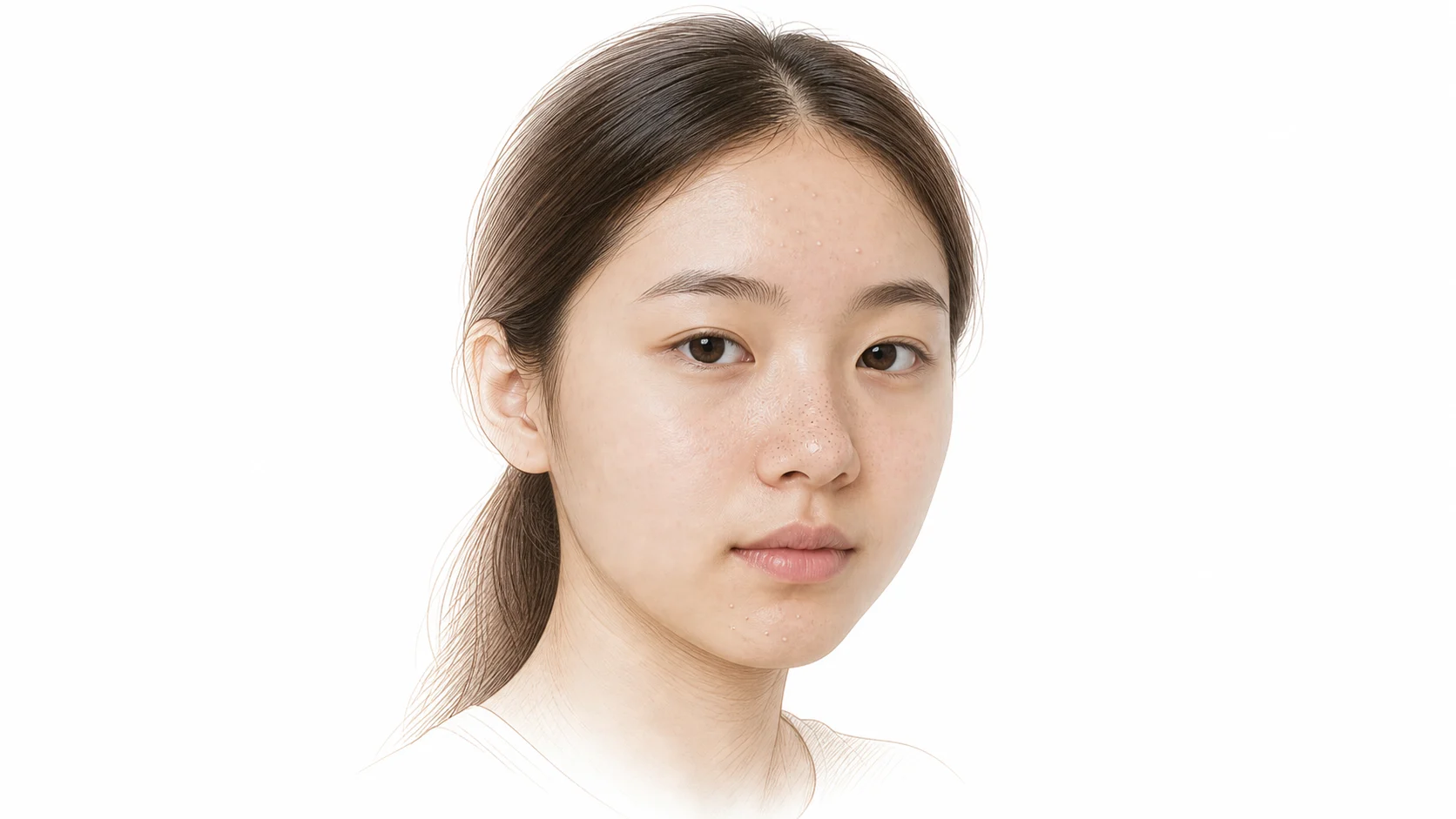이마와 코, 턱에 좁쌀 같은 흰 폐쇄 면포와 검은 개방 면포가 올라온 10대 후반 여학생 — 염증으로 번지기 전 관리가 필요한 여드름 초기 단계