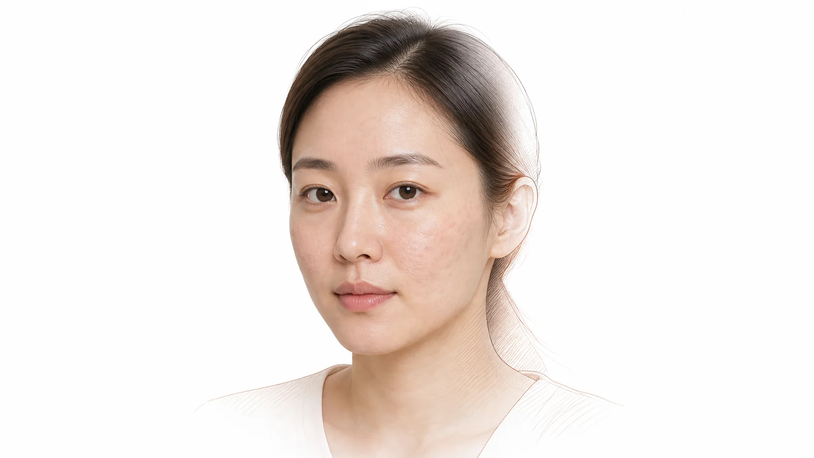 볼과 관자놀이에 얕게 팬 자국과 옅은 붉은 자국이 남은 20대 후반 여성 — 염증이 가라앉은 뒤 남은 여드름 흉터