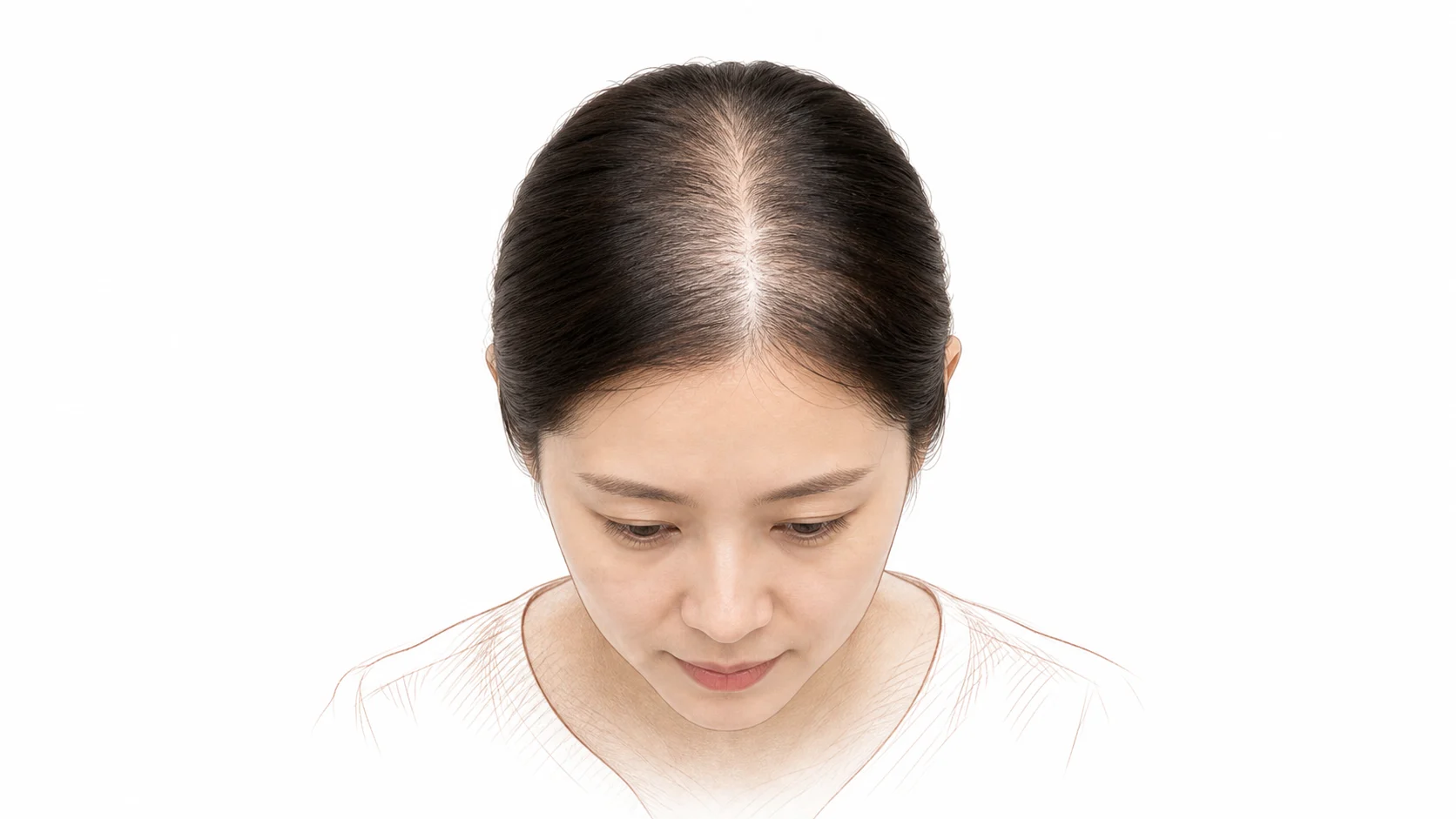 가운데 가르마를 따라 두피가 넓게 드러나고 주변 모발이 가늘어진 30대 후반 여성 — 여성형 탈모의 대표적인 모습