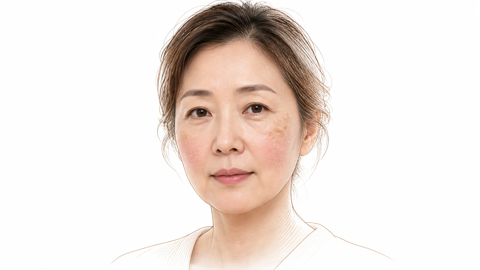 볼에 옅은 붉은 기와 건조한 각질, 광대에 흐릿한 색소 반점이 보이는 40대 후반 여성 — 나이 들며 약해진 피부 장벽
