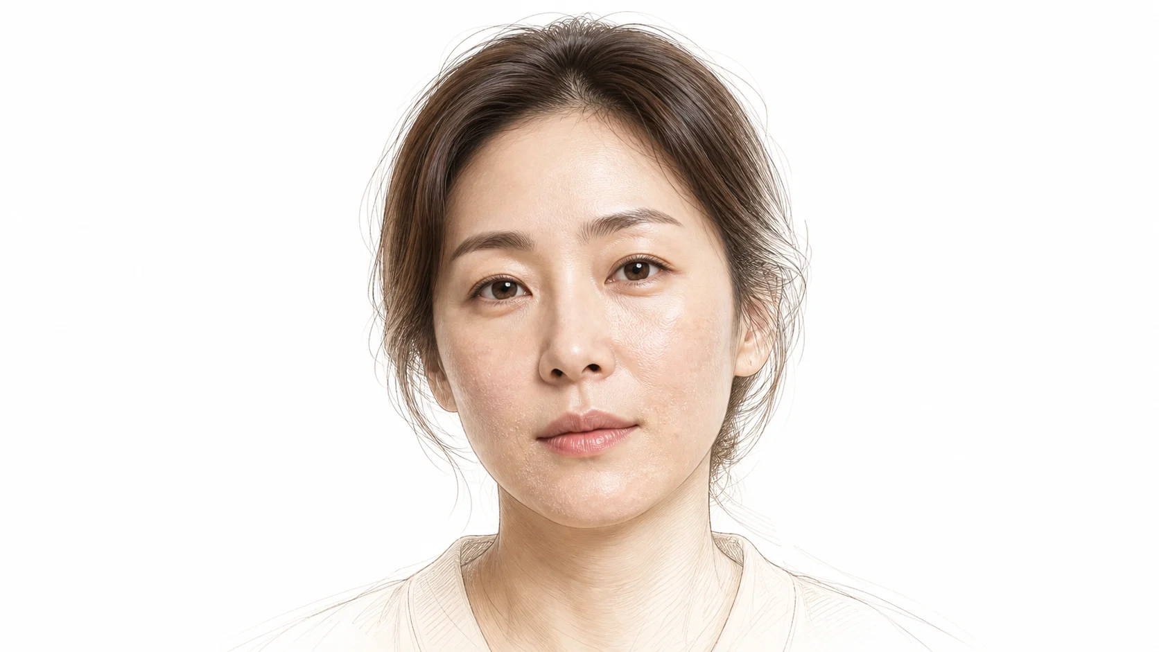 볼과 입가에 각질이 미세하게 일어나고 윤기 없이 푸석해진 30대 후반 여성 — 계절이 바뀌며 속부터 메마른 피부