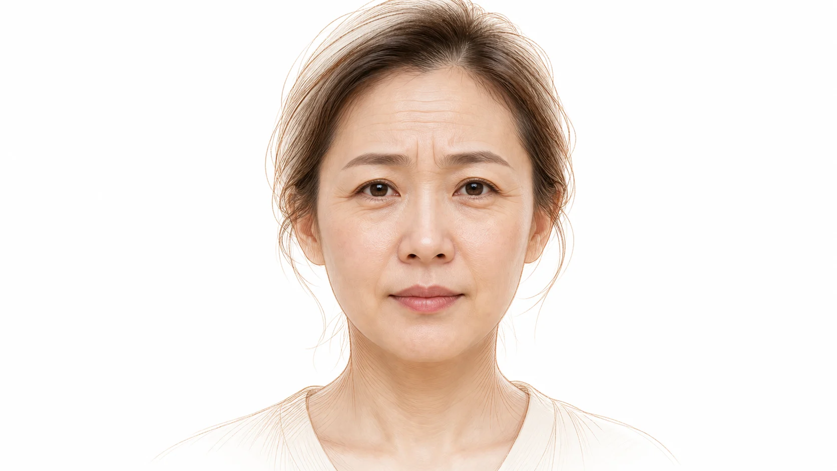 이마 가로 주름과 미간 세로 주름, 눈가 잔주름이 나타난 40대 한국인 여성의 정면 얼굴 — 보톡스로 조절하는 표정 주름