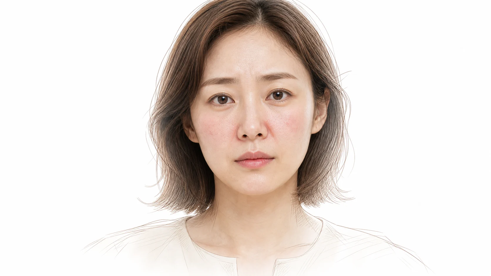 시술 통증과 바늘에 대한 부담을 안고 있는 30대 중반 여성 — 볼과 콧방울에 옅은 붉은기와 미세하게 거친 피부결이 보이는 민감성 피부