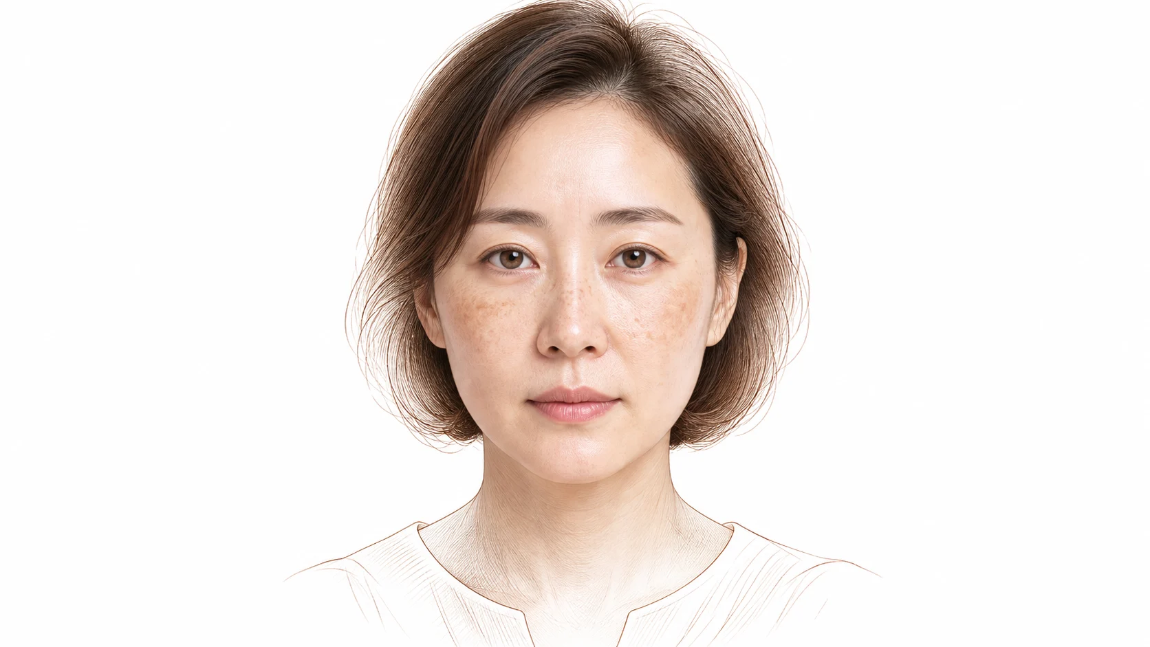 양쪽 광대에 옅은 갈색 기미가 번지고 콧등과 뺨에 잡티가 흩어진 30대 후반 여성 — 대표적인 색소질환 증상