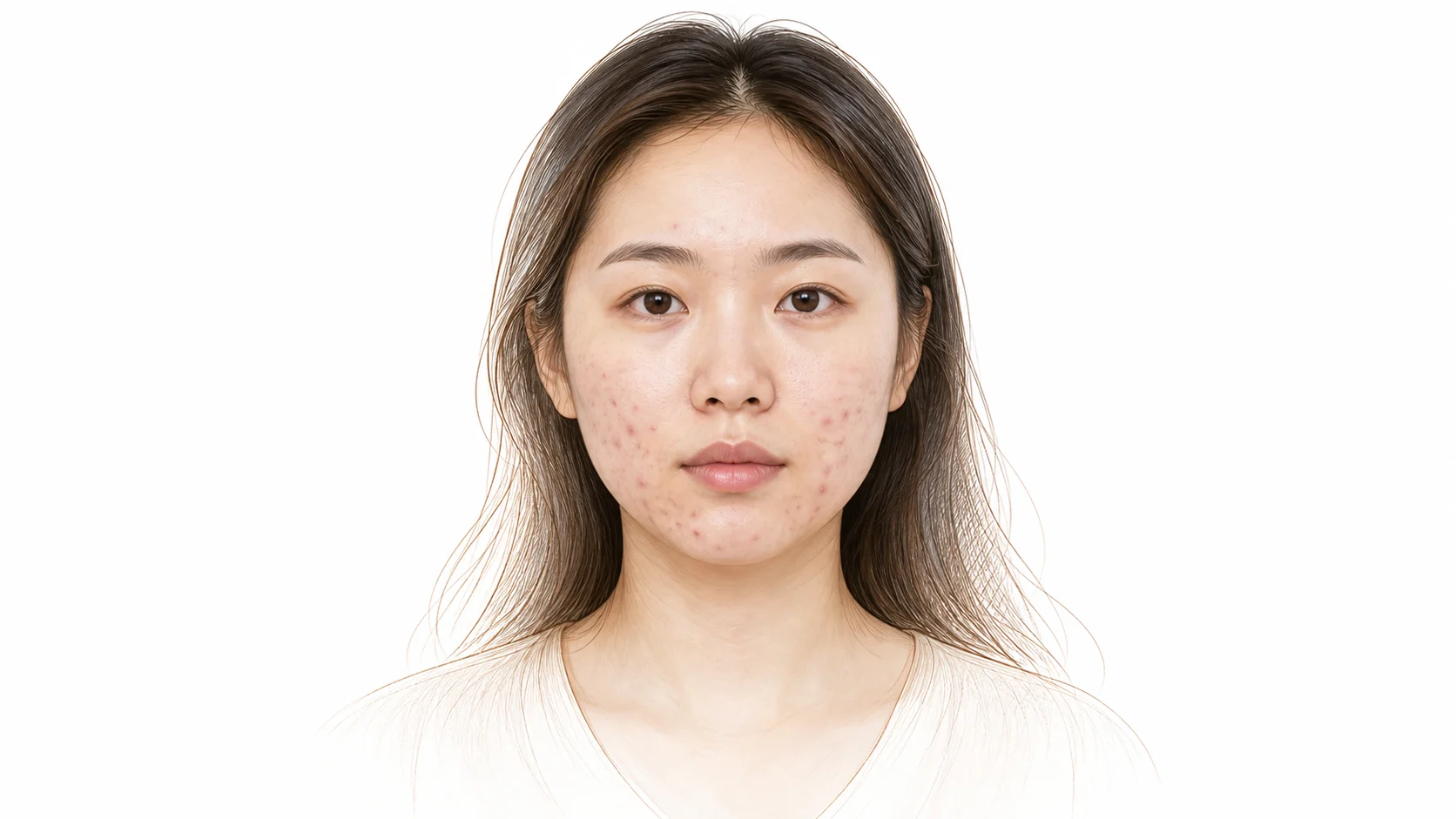 양 볼과 턱선에 붉은 염증성 여드름 구진과 지나간 자국, 그리고 얕게 패인 여드름 흉터가 함께 남아 있는 20대 후반 여성 — 포텐자 치료의 대표적인 피부 고민