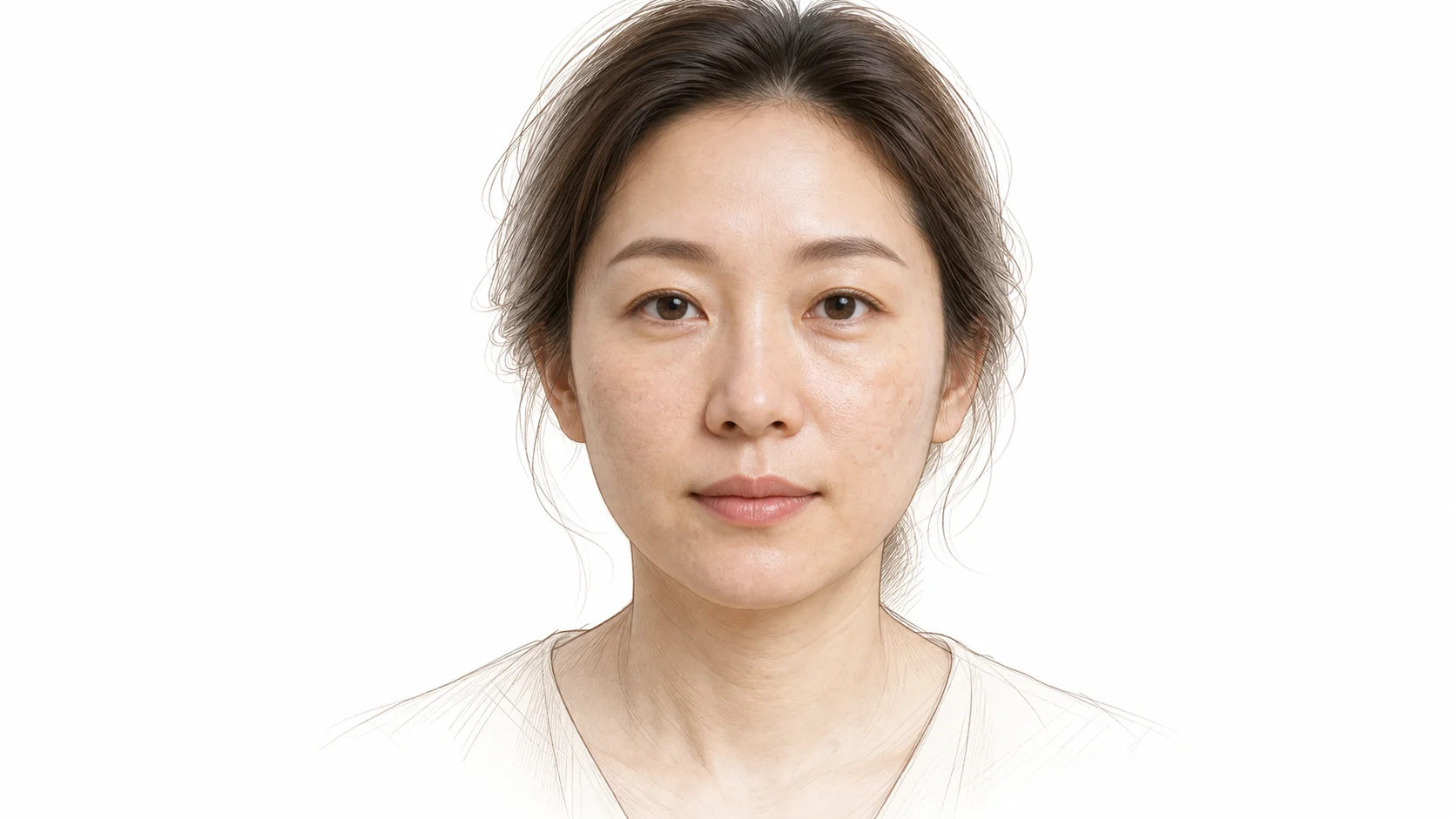 볼에 얕은 여드름 흉터와 옅은 색소침착이 남고 피부톤이 칙칙해진 30대 후반 여성 — 재생력이 떨어진 피부의 대표적인 모습