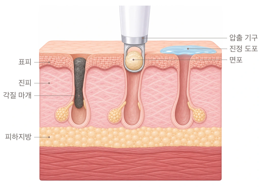 압출 기구가 각질 마개로 막힌 모공을 눌러 면포를 밀어내고, 비워진 자리에 진정·재생 약물을 도포하는 과정을 보여 주는 피부 단면 도해