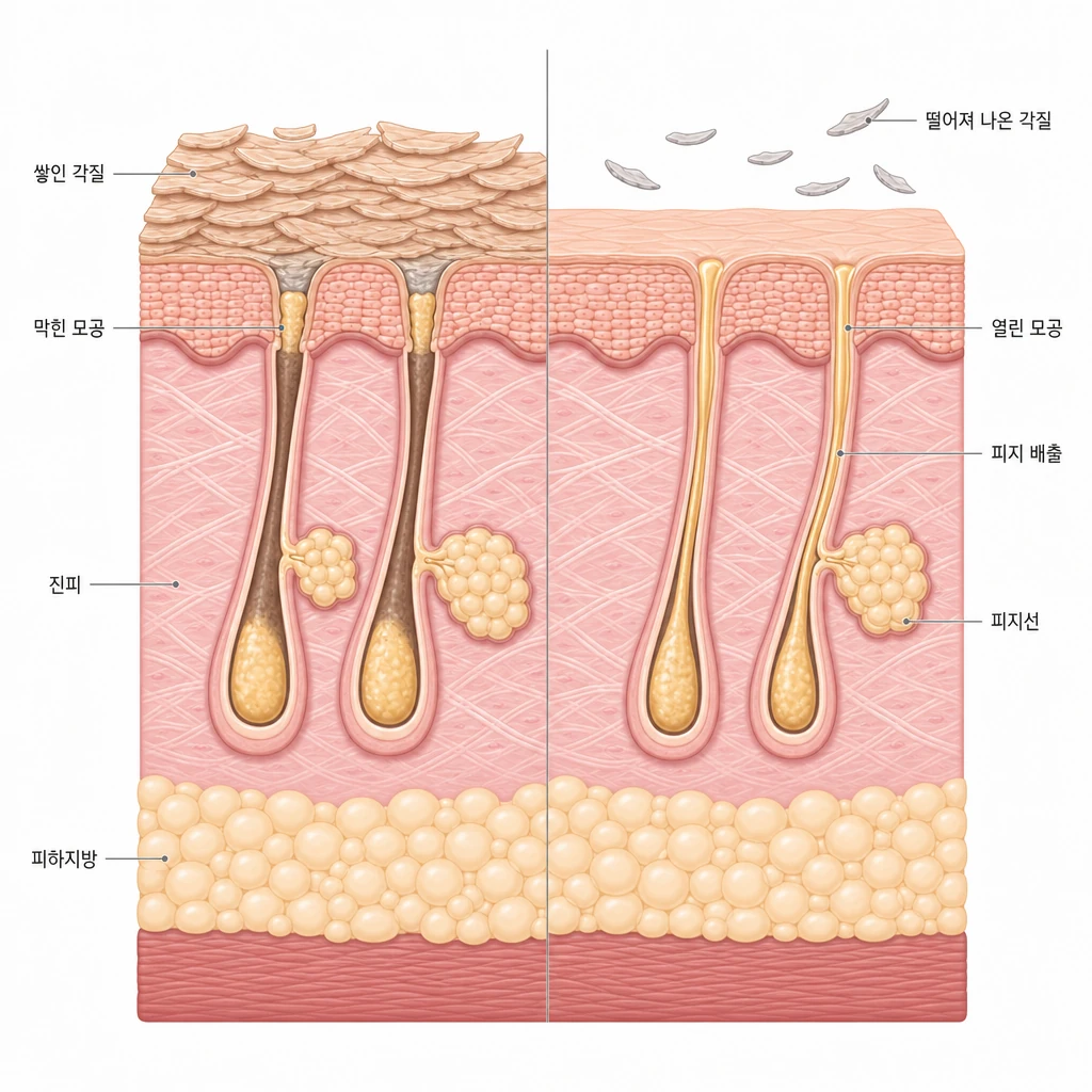 스케일링 전후 비교 — 두껍게 쌓인 각질이 모공을 막은 상태와, 각질을 걷어내 모공이 열리고 피지가 원활히 배출되는 상태를 보여 주는 피부 단면 도해