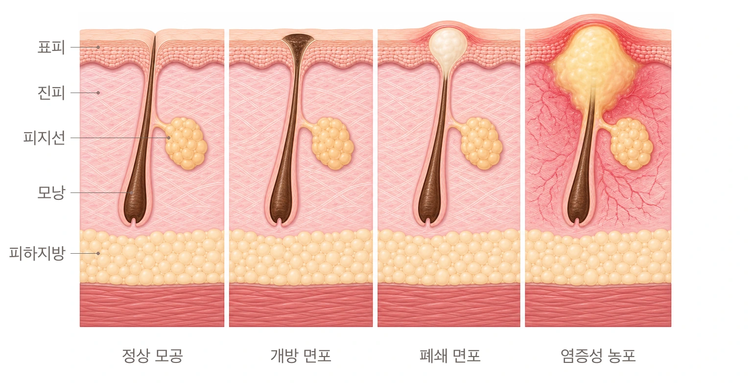 정상 모공에서 개방 면포와 폐쇄 면포를 거쳐 염증성 농포로 악화되는 네 단계를 모낭 단면으로 보여 주는 도해
