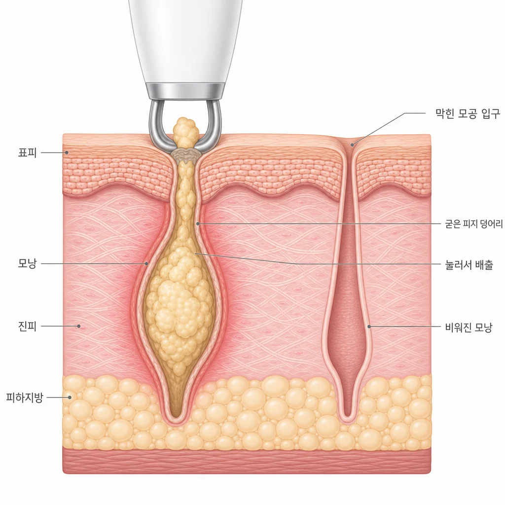 여드름 압출 원리 — 각질로 막힌 모낭에 갇힌 굳은 피지를 눌러 배출하고 모낭이 비워지는 피부 단면 도해