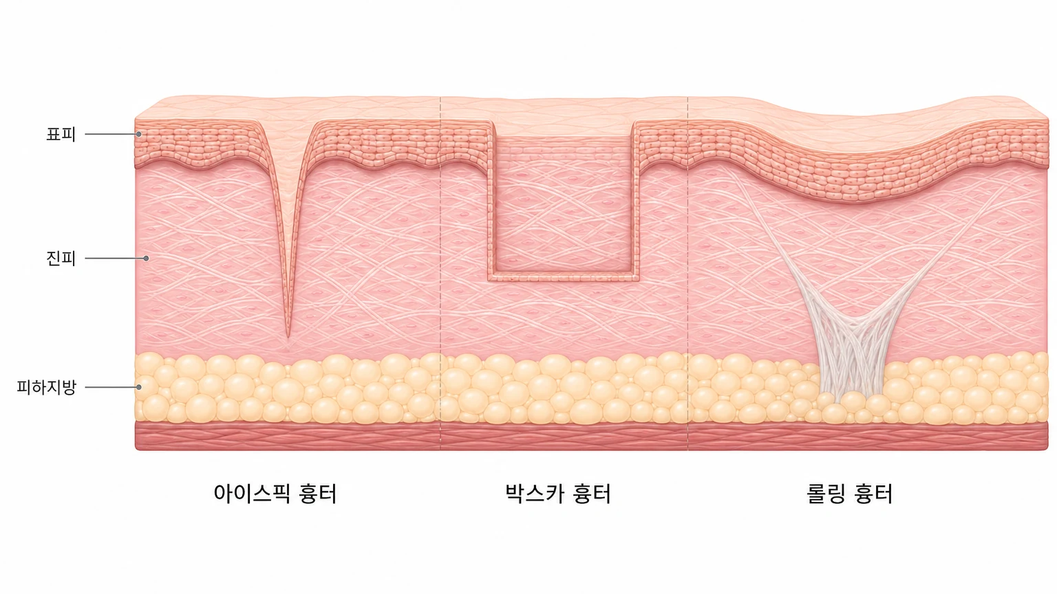 여드름 흉터 세 가지 형태 비교 — 좁고 깊은 아이스픽 흉터, 넓고 각진 박스카 흉터, 완만하게 굴곡진 롤링 흉터를 나란히 보여 주는 피부 단면 도해