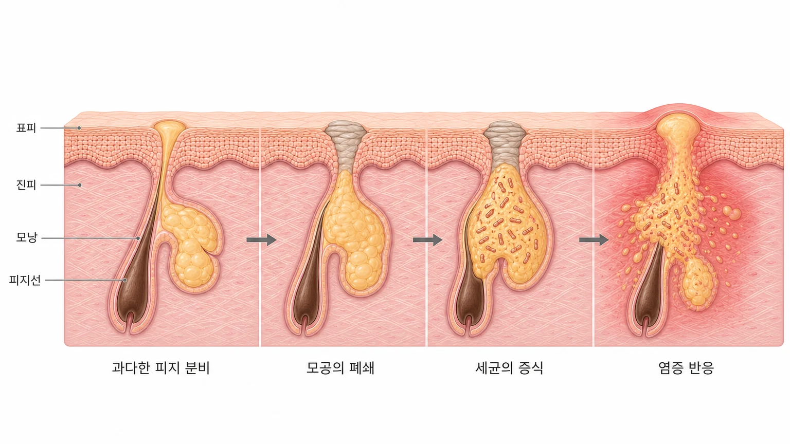 여드름이 생기는 네 단계 — 과다한 피지 분비, 모공의 폐쇄, 세균의 증식, 염증 반응을 모낭 단면으로 보여 주는 도해