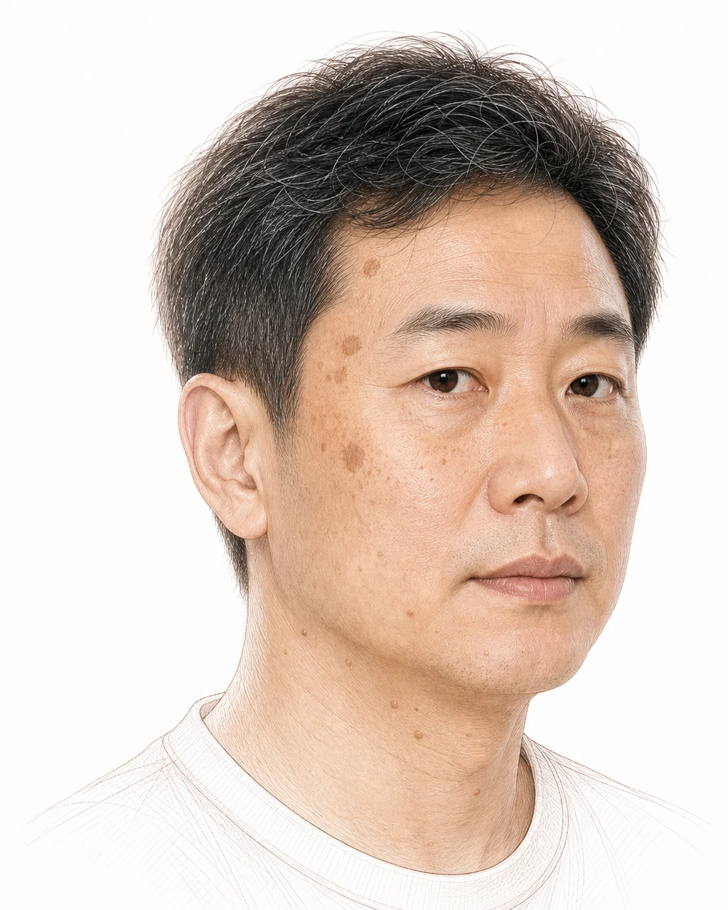 관자놀이의 검버섯, 뺨 바깥쪽의 흑자, 눈 밑의 잡티, 턱선의 점이 한 얼굴에 섞여 있어 스스로 구분하기 어려운 50대 남성