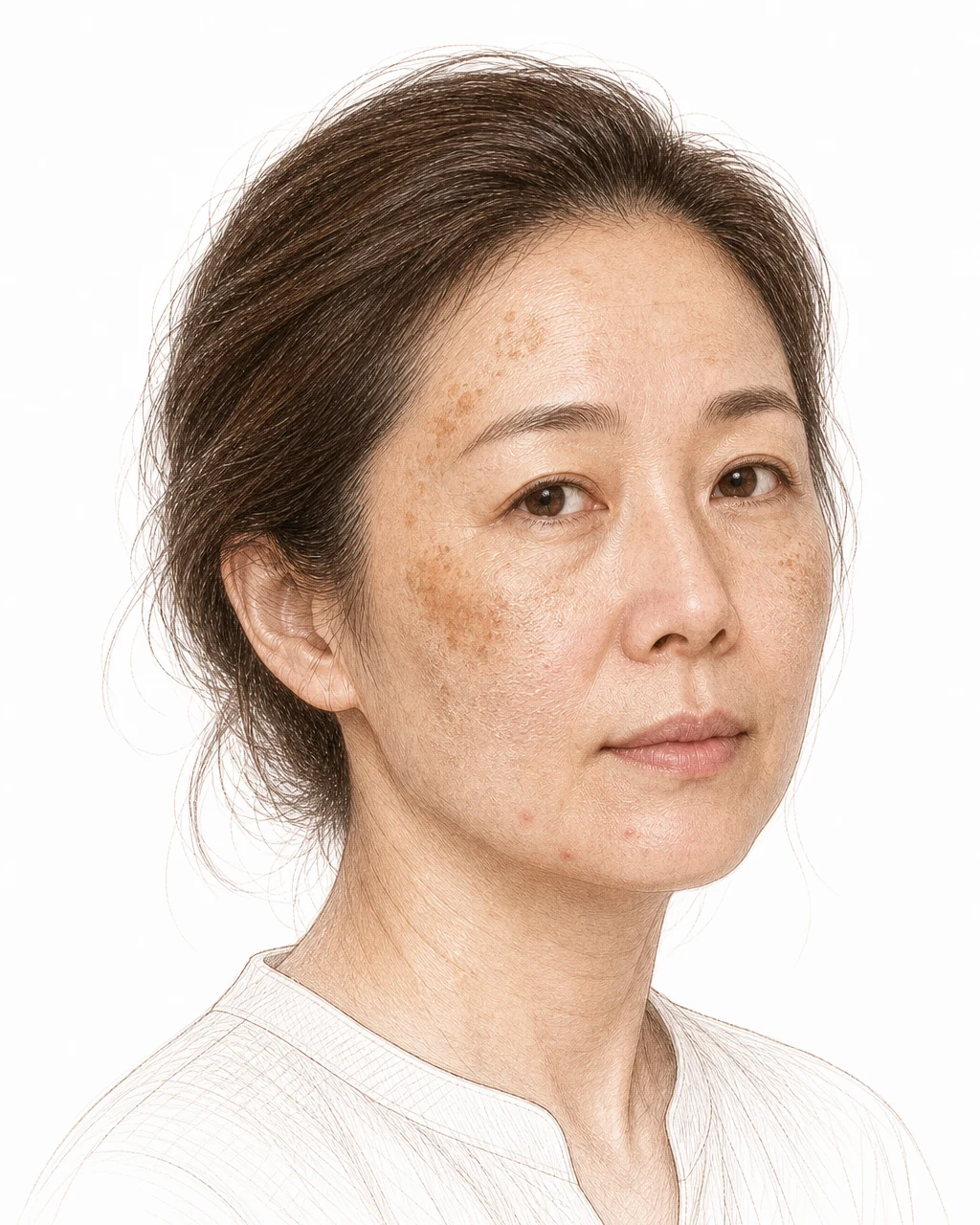 광대와 관자놀이에 갈색 검버섯이 앉고 볼이 건조하게 일어난 50대 여성 — 장벽 손상이 부른 색소 질환과 건조증