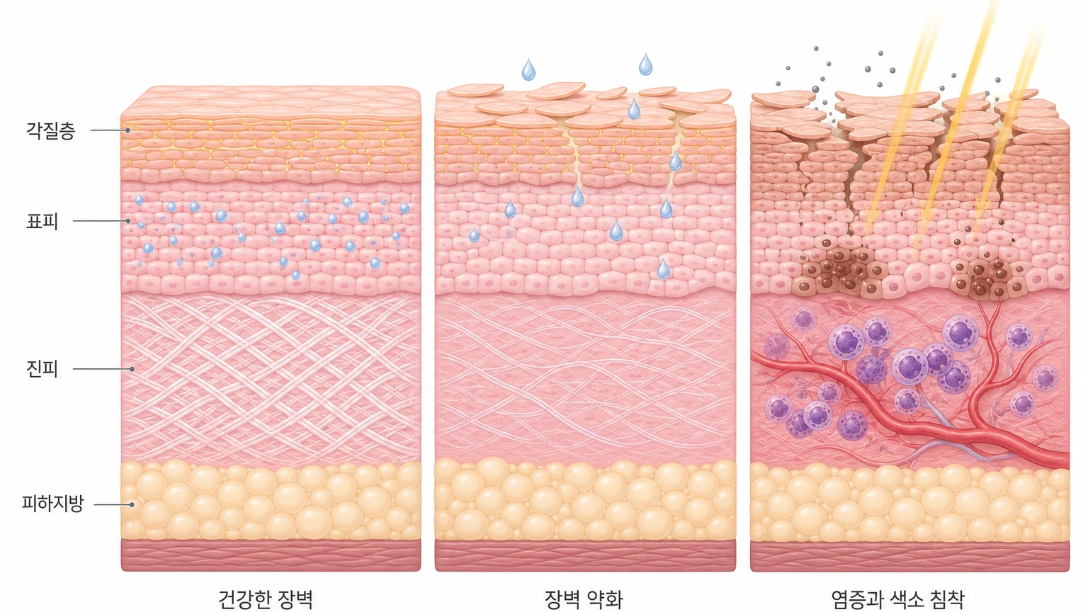 피부 장벽이 무너지는 과정 — 건강한 장벽에서 지질이 줄어 수분이 빠져나가고, 벌어진 틈으로 자극이 들어와 염증과 색소 침착이 생기는 피부 단면 도해