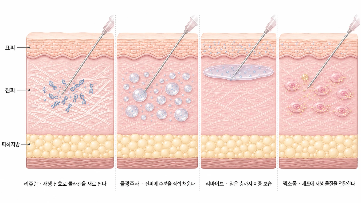 리쥬란·물광주사·리바이브·엑소좀 네 가지 스킨부스터가 피부 속에서 서로 다르게 작용하는 방식을 좌우로 나란히 비교한 피부 단면 도해