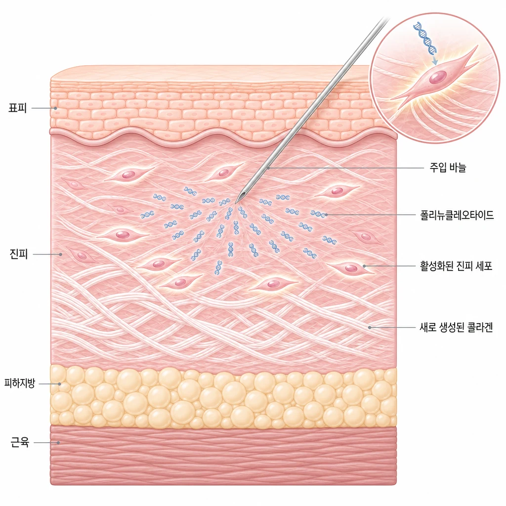 리쥬란의 폴리뉴클레오타이드가 진피 세포에 재생 신호를 보내 콜라겐을 새로 만들게 하는 원리를 그린 피부 단면 도해