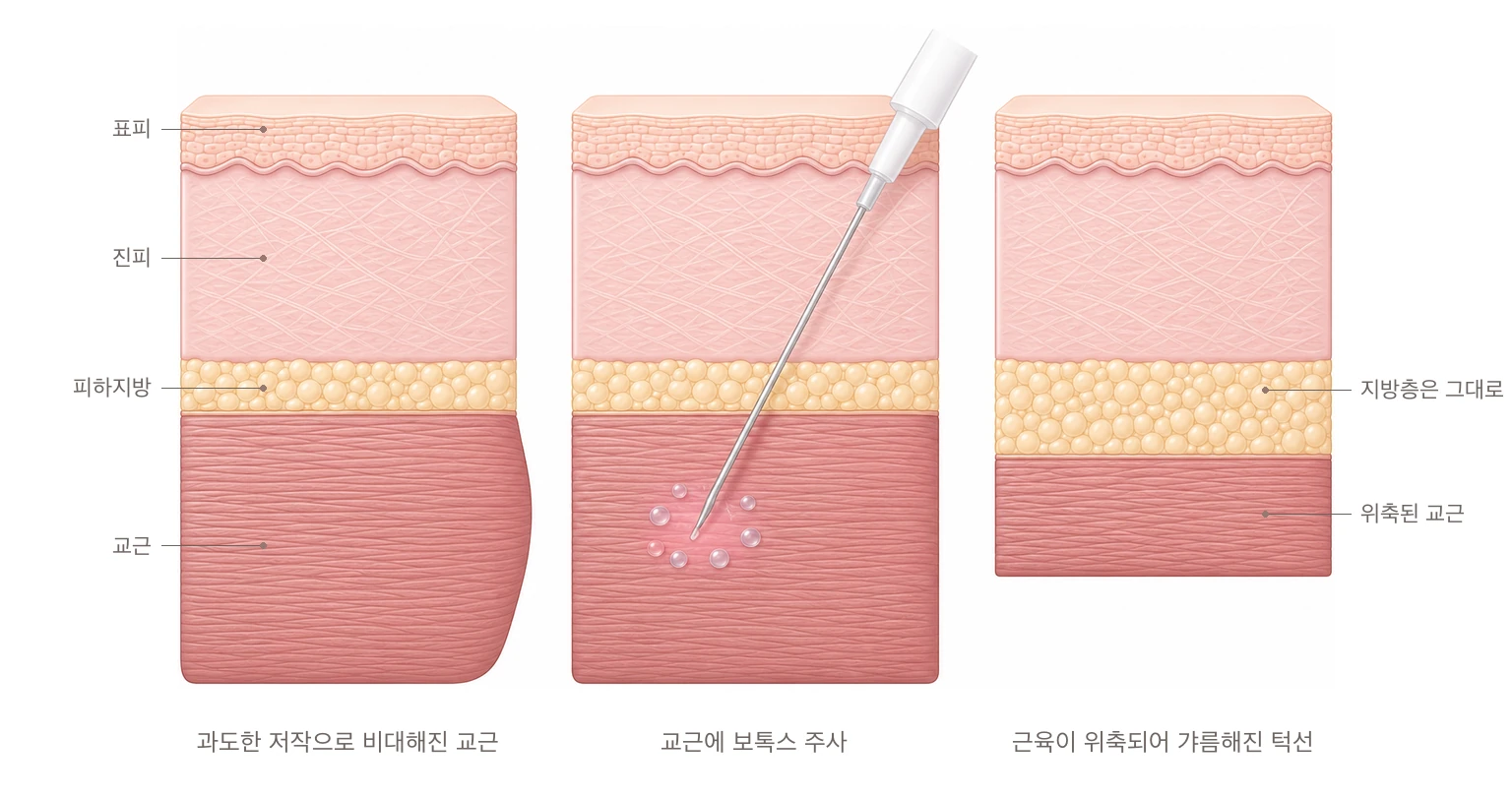 과도한 저작으로 비대해진 교근, 교근에 보톡스를 주사하는 장면, 근육이 위축되어 턱선이 갸름해진 상태를 좌우로 비교한 피부 단면 도해