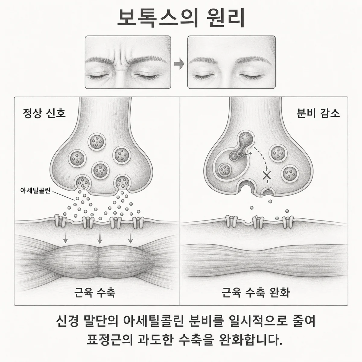 아세틸콜린 분비 감소로 표정근 수축이 완화되는 보톡스 원리 도식