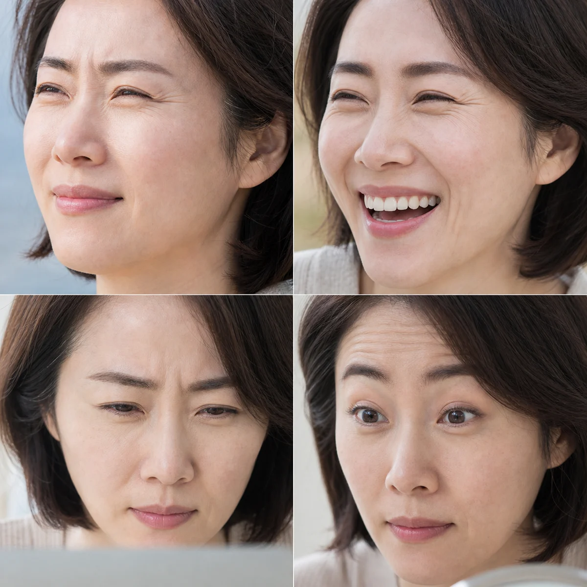 같은 여성이 눈을 찡그리고 웃고 집중하고 눈썹을 올리는 네 가지 표정
