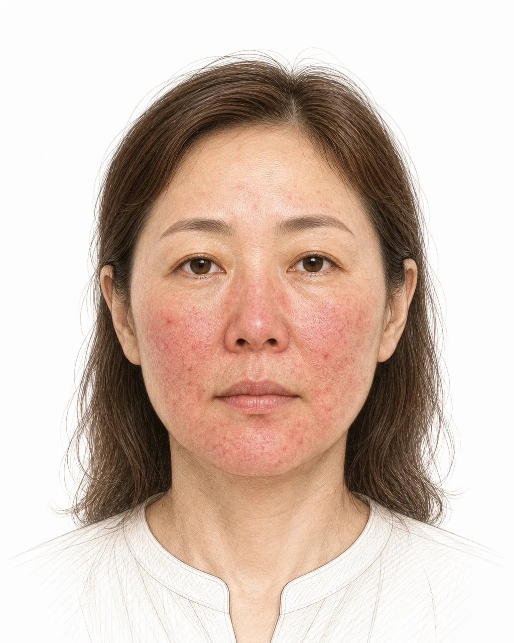 붉은 기가 오래 지속되어 피부결이 거칠고 모공이 넓어진 40대 여성 — 만성 안면 홍조