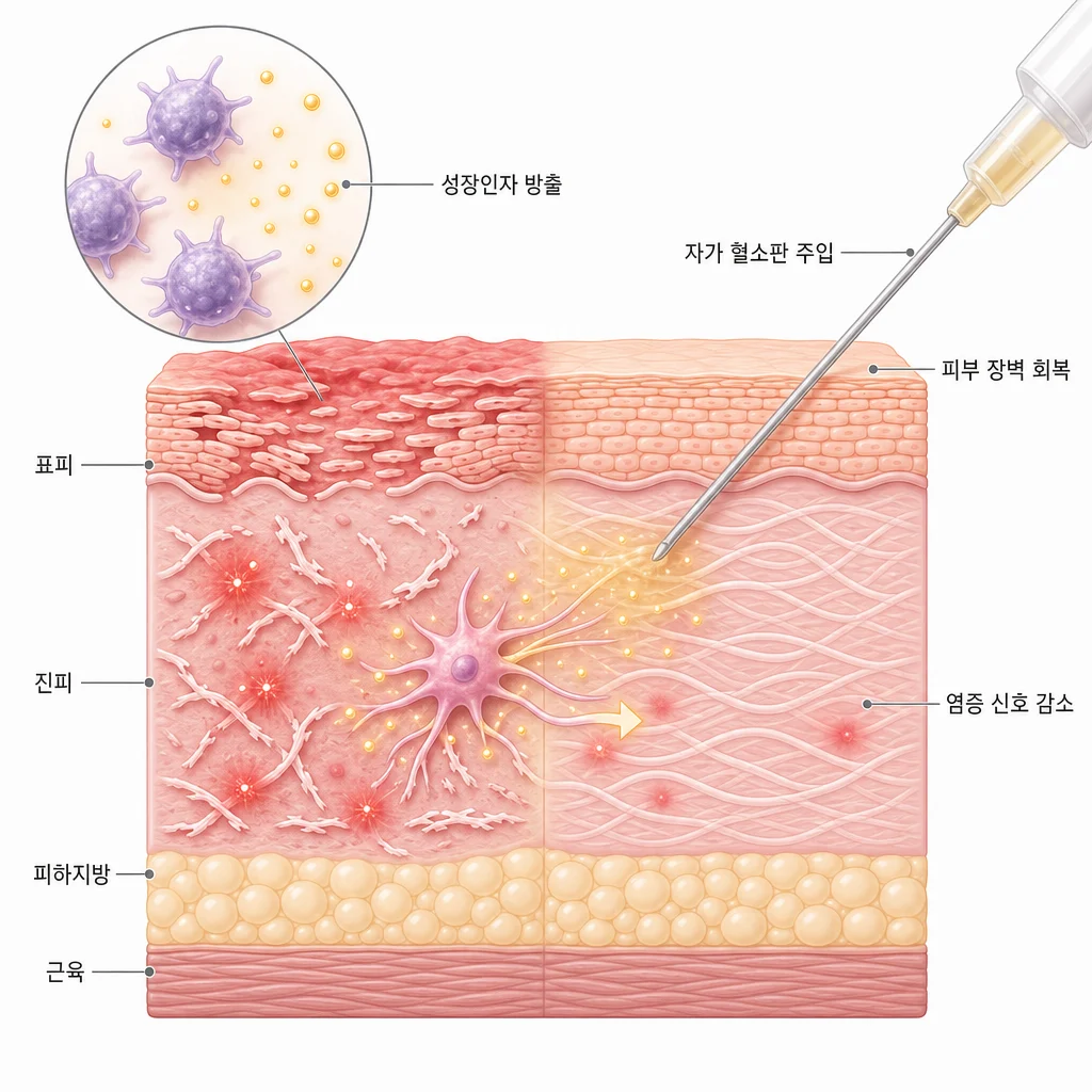 PRP 원리 — 자가 혈소판의 성장인자가 염증 신호를 줄이고 무너진 피부 장벽을 회복시키는 피부 단면 도해