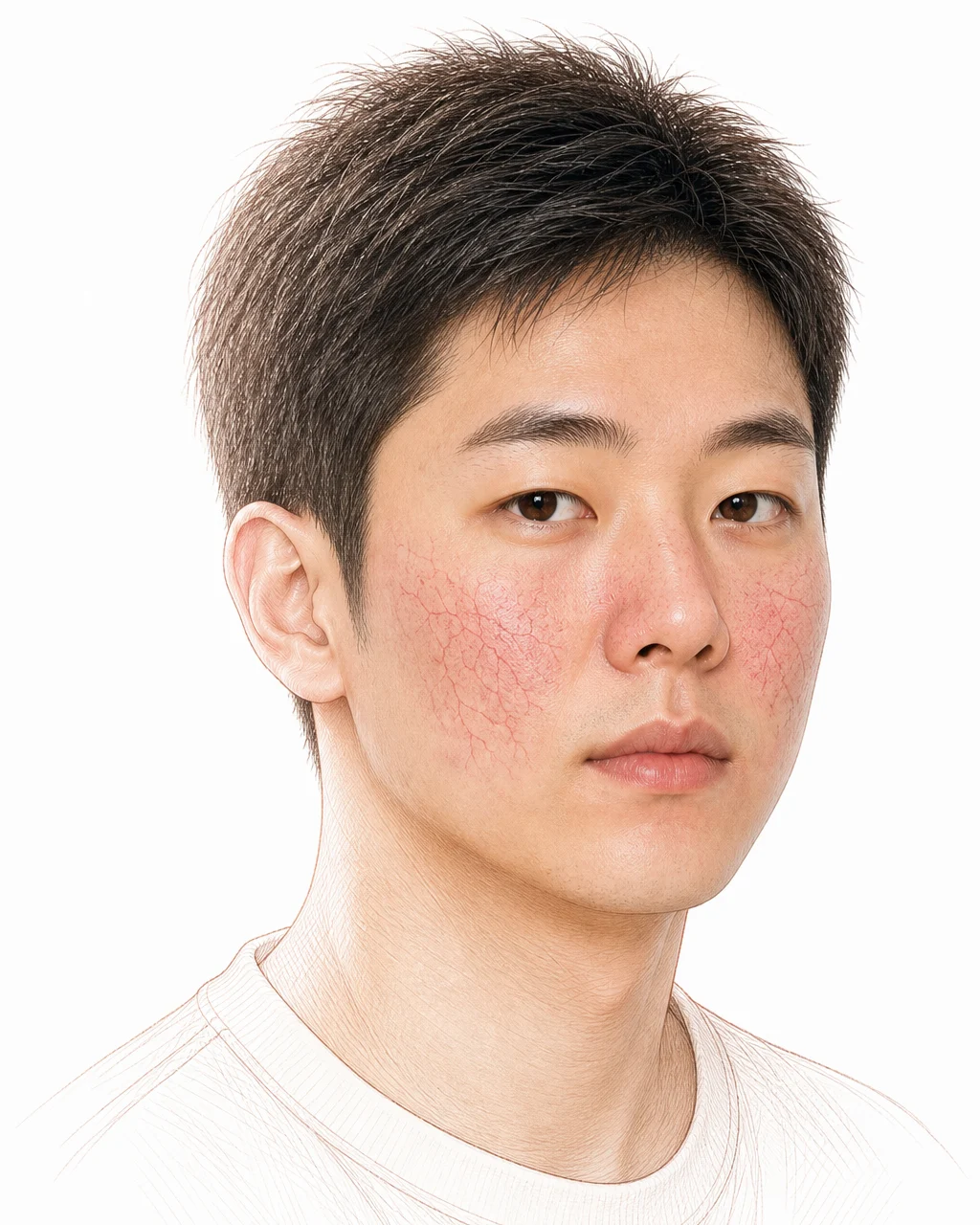 볼과 콧방울에 확장된 실핏줄이 거미줄처럼 도드라진 20대 남성 — 혈관 확장이 뚜렷한 경우