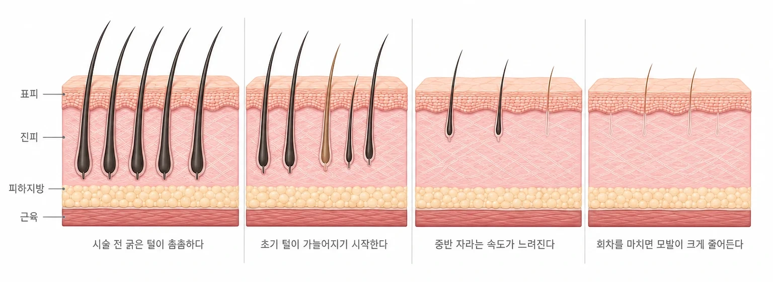 시술을 거듭할수록 모낭 수가 줄고 남은 털이 가늘어져 모발이 성글어지는 변화를 네 단계로 비교한 피부 단면 도해