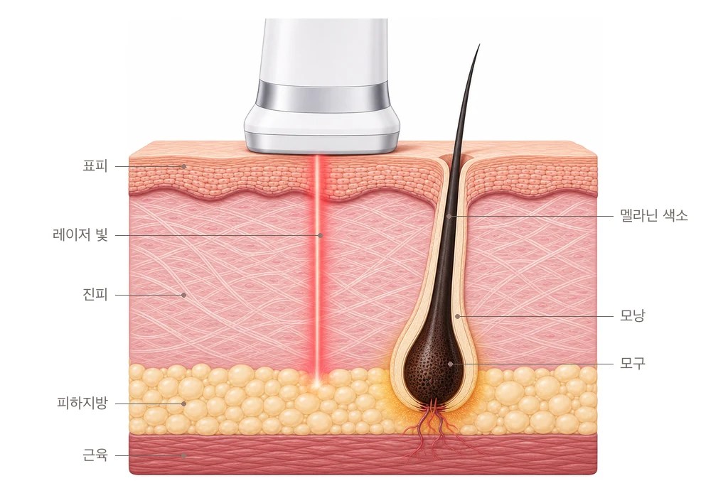 레이저 빛이 모간과 모낭 속 검은 멜라닌 색소에만 흡수되어 열로 바뀌고 그 열이 모구를 손상시키는 레이저 제모 원리를 그린 피부 단면 도해