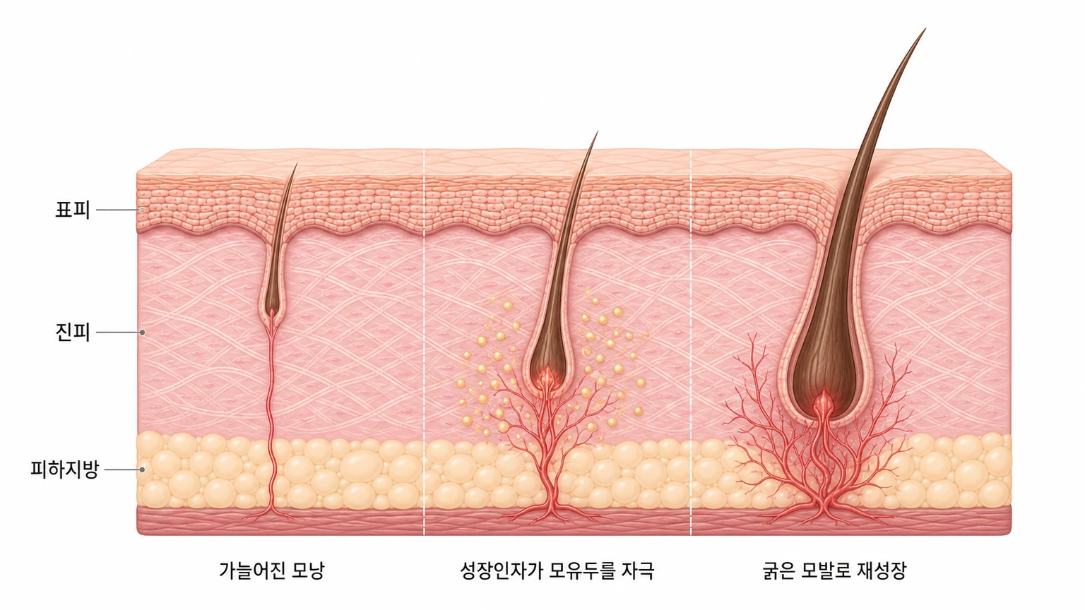 가늘어진 모낭이 성장인자 자극으로 모유두와 혈류를 회복하고 다시 굵은 모발로 자라기까지 세 단계로 나눠 그린 PRP 작용 원리 두피 단면 도해