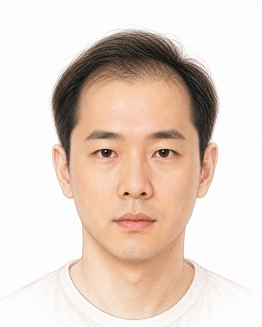 이마 양쪽 헤어라인이 M자로 물러나고 앞머리 모발이 가늘어져 두피가 비쳐 보이는 30대 후반 남성 — 남성형 탈모 초기