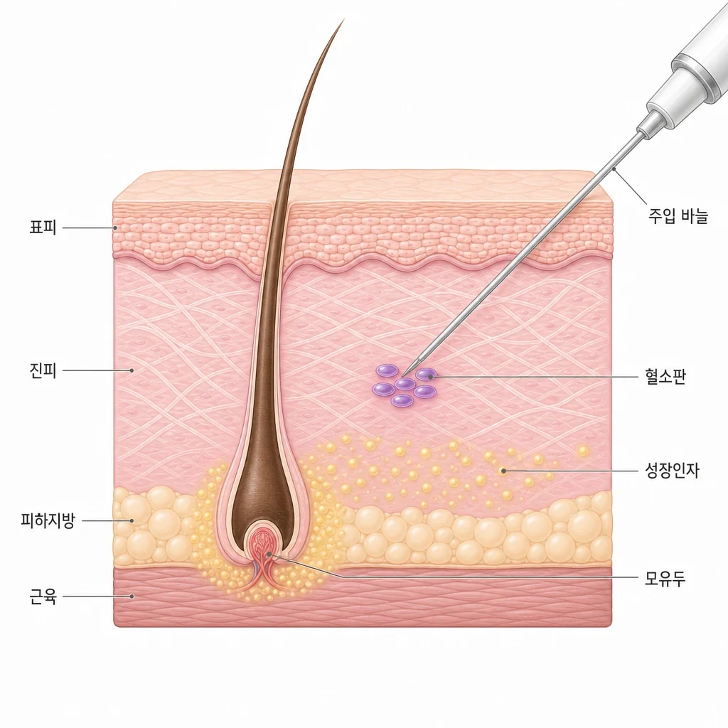 본인 혈액에서 분리한 혈소판 풍부 혈장을 두피 진피층에 주사해 성장인자가 모유두를 자극하고 모세혈관 혈류를 늘리는 PRP 탈모치료 원리를 그린 두피 단면 도해