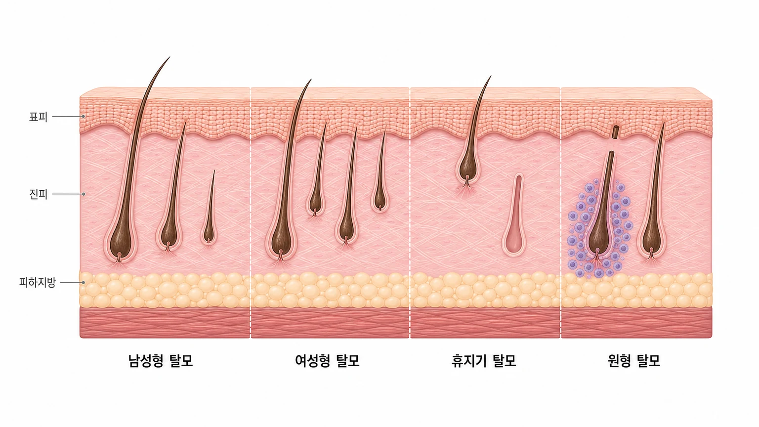 남성형 탈모·여성형 탈모·휴지기 탈모·원형 탈모에서 모낭이 나빠지는 방식이 어떻게 다른지 네 구간으로 비교한 두피 단면 도해