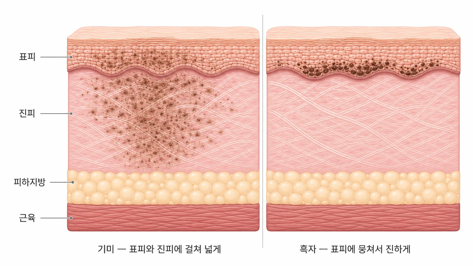 기미와 흑자의 멜라닌 색소 분포 깊이를 좌우로 비교한 피부 단면 도해