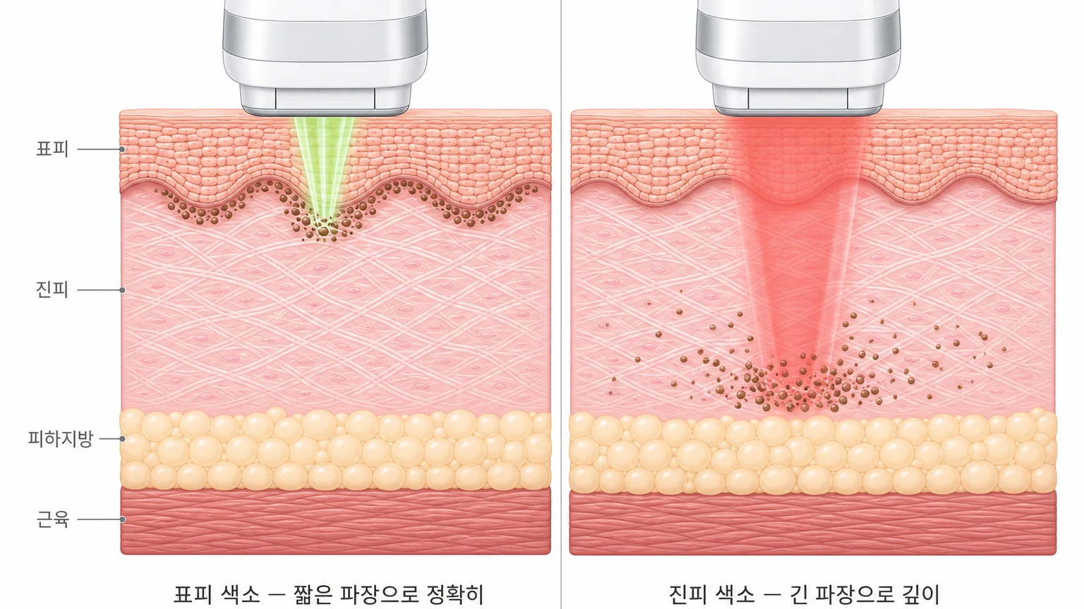 표피 색소는 짧은 파장으로, 진피 색소는 긴 파장으로 치료해야 하는 이유를 비교한 피부 단면 도해