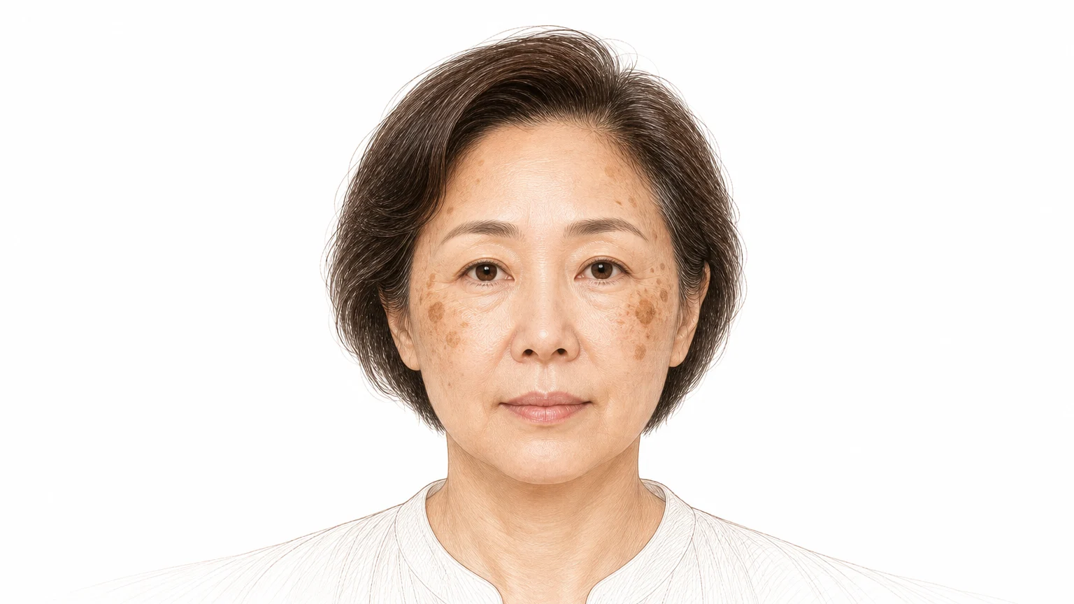 광대뼈와 관자놀이에 흑자와 검버섯이 여러 개 생긴 50대 후반 한국인 여성의 클리닉 포트레이트