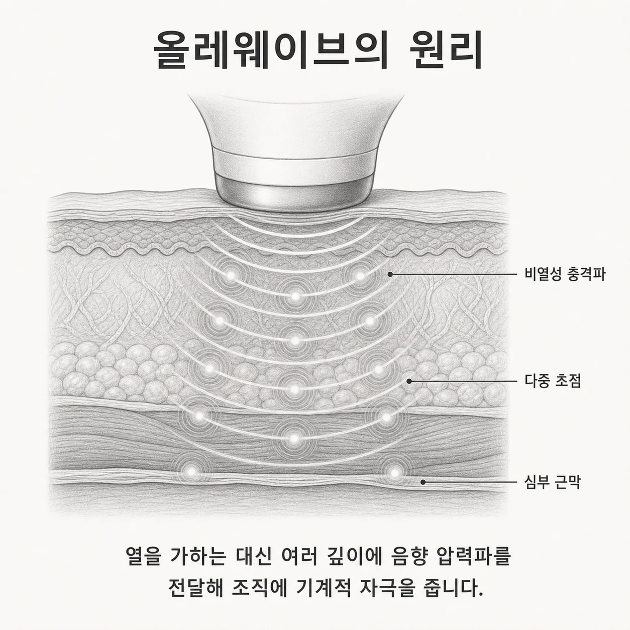 비열성 충격파가 여러 깊이의 다중 초점으로 전달되는 올레웨이브 원리 도식