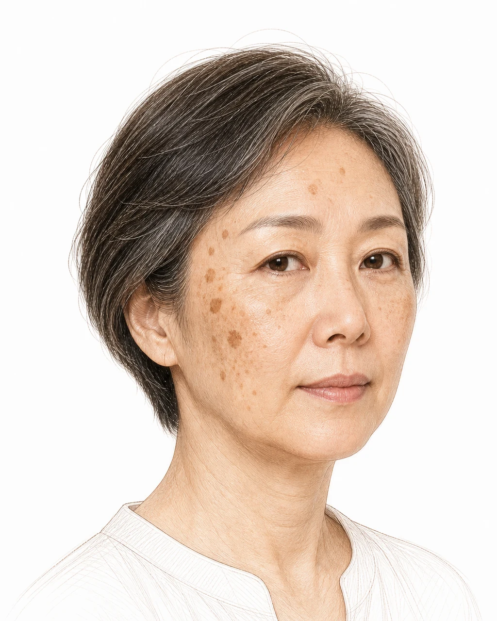 관자놀이와 광대에 진갈색 검버섯과 연갈색 일광흑자가 여러 개 보이는 50대 후반 여성 — 연령에 따른 색소질환 양상