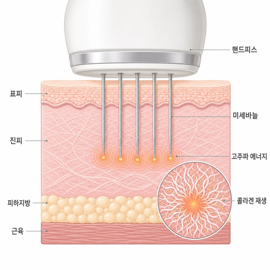 미세바늘이 표피를 지나 진피까지 들어가 바늘 끝에서 고주파 에너지를 방출하고 그 둘레로 콜라겐과 엘라스틴이 새로 생성되는 포텐자의 기본 원리를 그린 피부 단면 도해