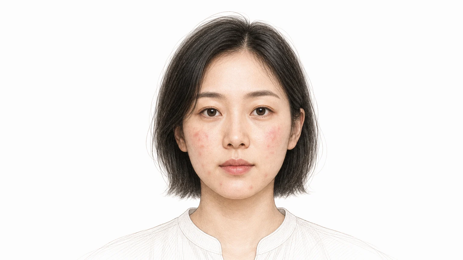 여드름 염증은 가라앉았지만 볼과 턱선에 둥근 붉은 자국이 여러 개 남아 있는 20대 여성 — 여드름 후 홍반