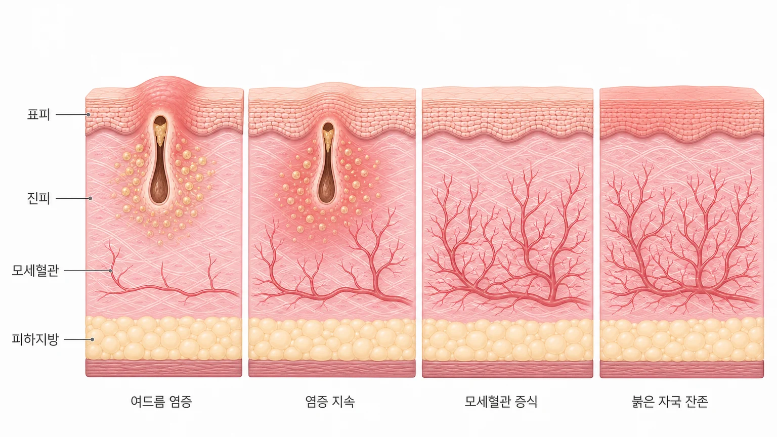 여드름 홍반이 남는 과정 — 여드름 염증에서 염증 지속, 진피 모세혈관 증식을 거쳐 여드름이 나은 뒤에도 붉은 자국이 남는 네 단계 피부 단면 도해