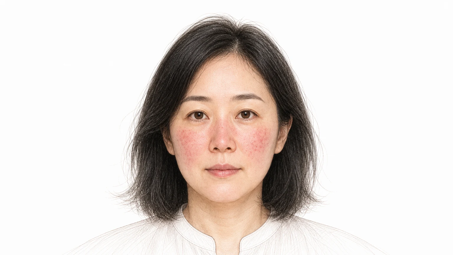양 볼과 코에 붉은기가 넓게 번지고 그 위에 작은 구진이 돋은 30대 후반 여성 — 주사 피부염의 대표적인 얼굴 증상