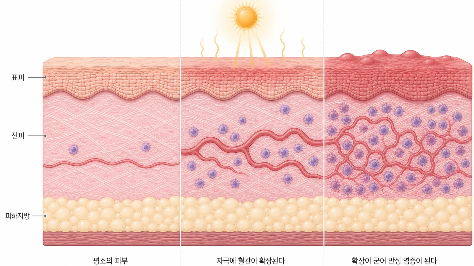 주사 피부염이 생기는 과정 — 평소의 피부, 자외선 등 자극에 혈관이 확장된 피부, 확장이 굳어 만성 염증이 된 피부를 좌우로 비교한 피부 단면 도해