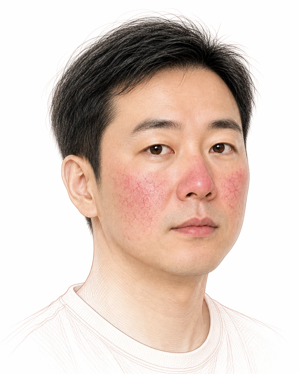 양 볼과 콧방울에 붉은기와 함께 실핏줄이 거미줄처럼 도드라진 40대 남성 — 혈관 확장이 주원인인 주사 피부염