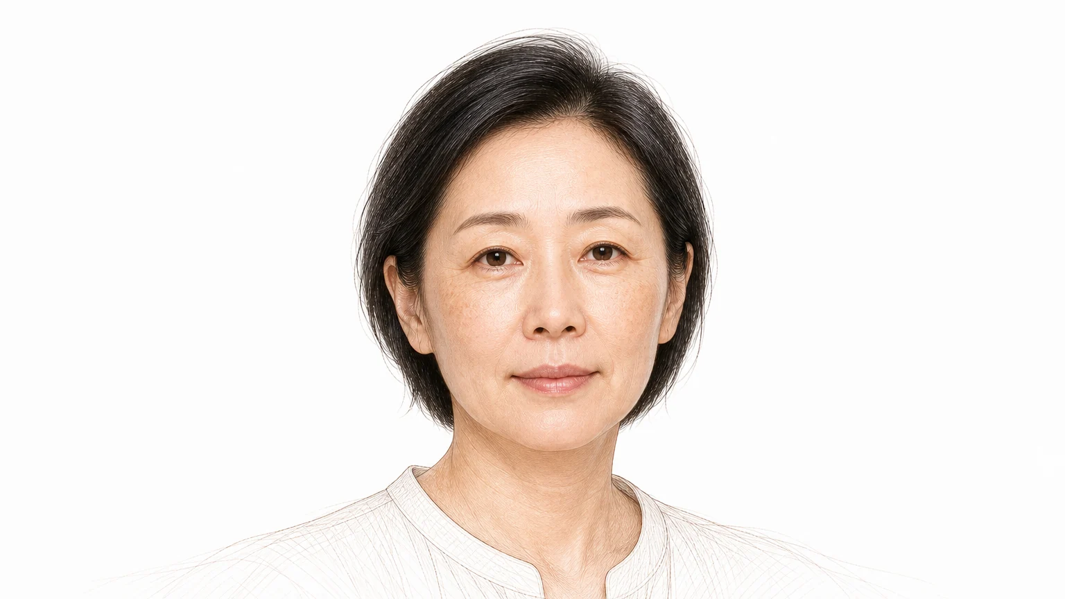 탄력이 떨어져 턱선 윤곽이 무너지고 눈가·입가에 잔주름과 옅은 색소 침착이 나타난 40대 여성 — 나이가 들며 피부에 찾아오는 노화 변화