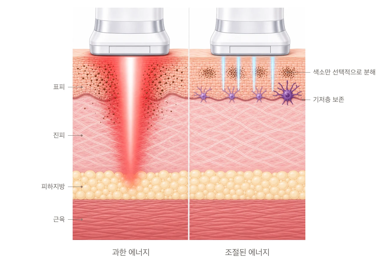 과한 에너지가 기저층을 손상시켜 색소를 악화시키는 경우와 조절된 에너지가 색소만 선택적으로 분해하는 경우를 비교한 피부 단면 도해