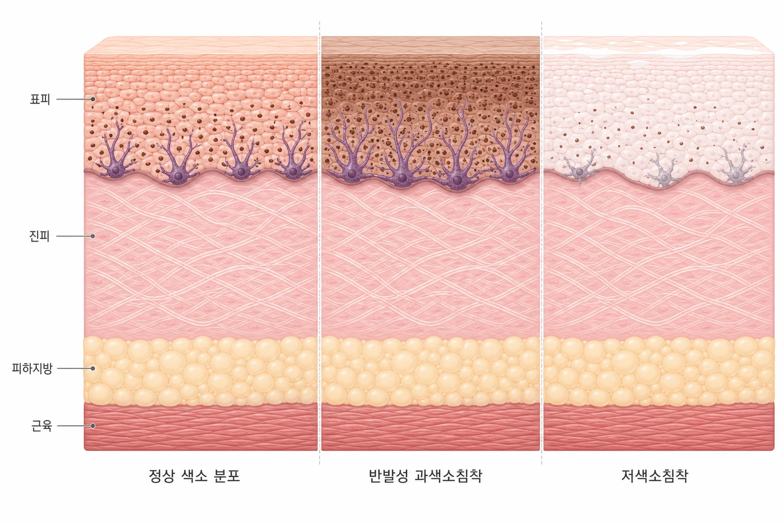 정상 색소 분포와 반발성 과색소침착, 저색소침착을 나란히 비교한 피부 단면 도해 — 레이저 토닝 후 나타날 수 있는 두 가지 상반된 색소 부작용