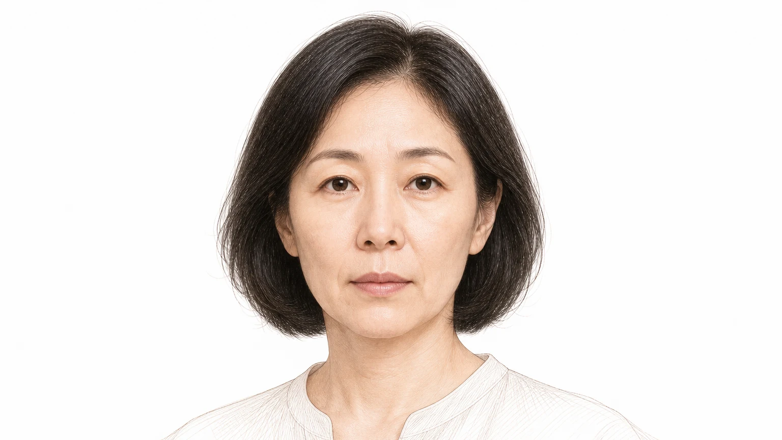광대 아래 앞볼이 꺼지고 팔자주름과 입가 마리오넷 주름이 깊어진 40대 후반 여성 — 얼굴 볼륨이 줄면서 나타나는 대표적인 변화