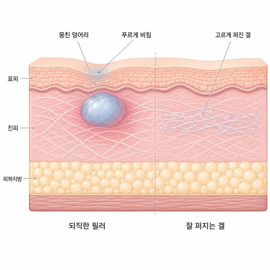 되직한 필러가 얕은 진피에 뭉쳐 푸르게 비치는 경우와 벨로테로 겔이 조직 사이로 고르게 퍼져 매끄럽게 채워지는 경우를 비교한 피부 단면 도해